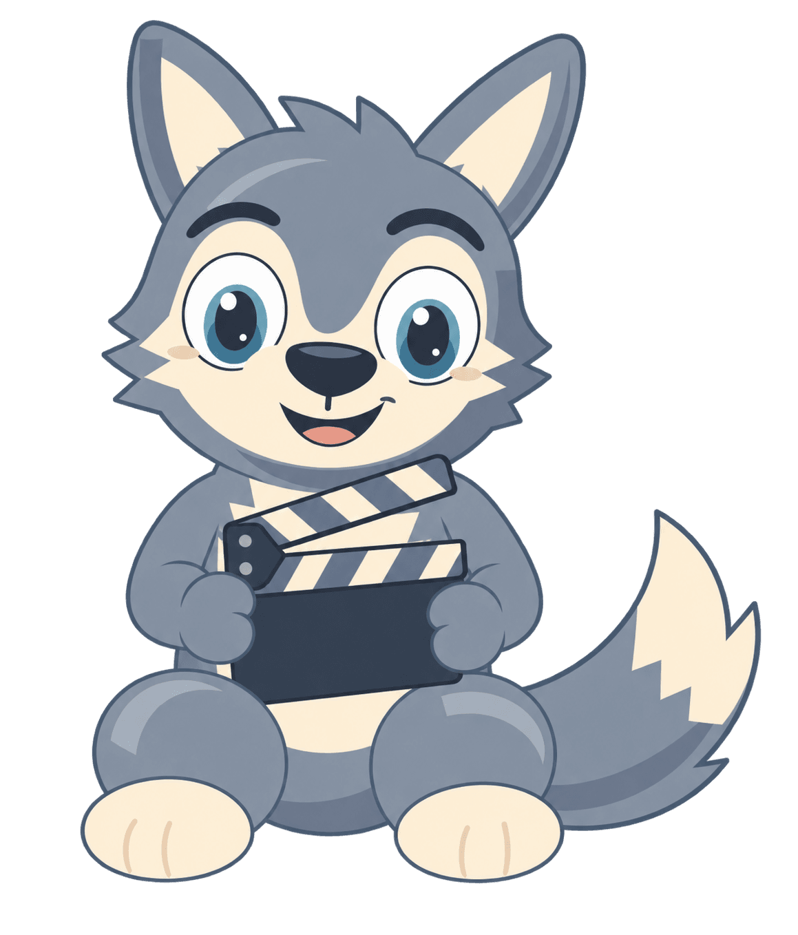 Wolfie, EduZen’s friendly wolf, holding a film clapperboard